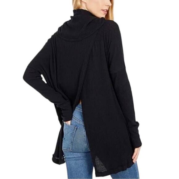 Free People NWT Black Juicy Oversized Waffle Knit Split Back Top Small - Picture 3 of 5
